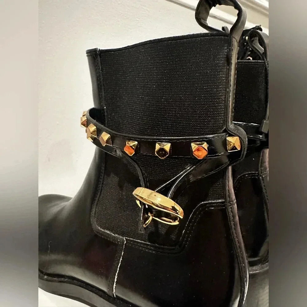 Zara Flat Chelsea Ankle Booties with studded gold straps and buckle (size 10) - Picture 9 of 12